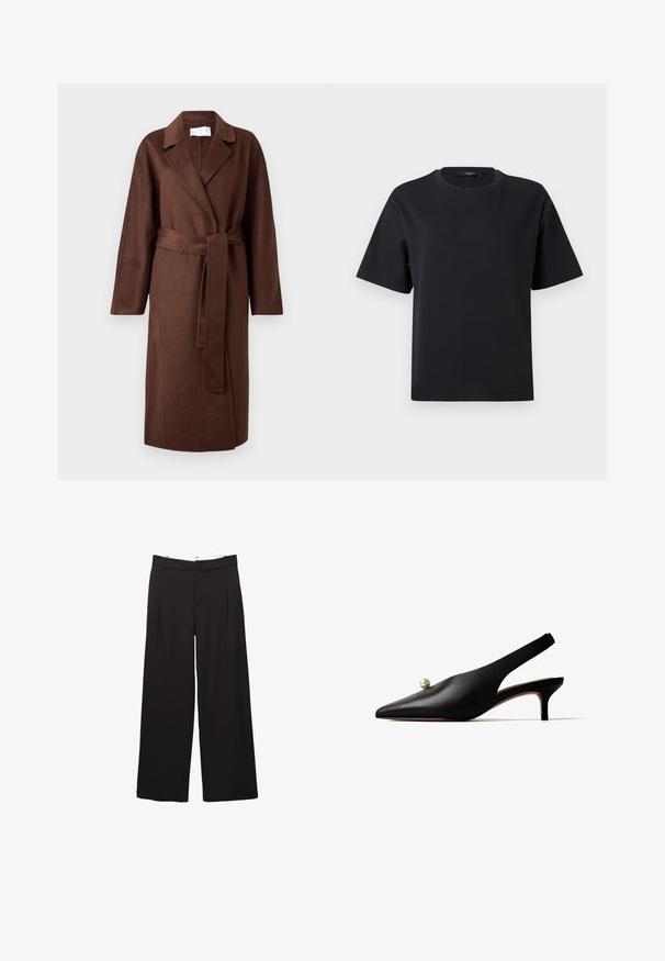 Brun uldblandings omslagsjakke med krave, lange ærmer, bindebælte og lige snit. Glat tekstur med minimal detail og ingen lukninger.; Sort kortærmet t-shirt med rund hals og afslappet pasform, vist mod en lysegrå baggrund.; Sorte bukser med vide ben, fordele foran og bæltestropper, skræddersyet pasform, talje i mellemhøjde og skjult lukning foran.; Sort læder slingback kitten heel sko med spids tå og enkelt dekorativt perle på toppen.