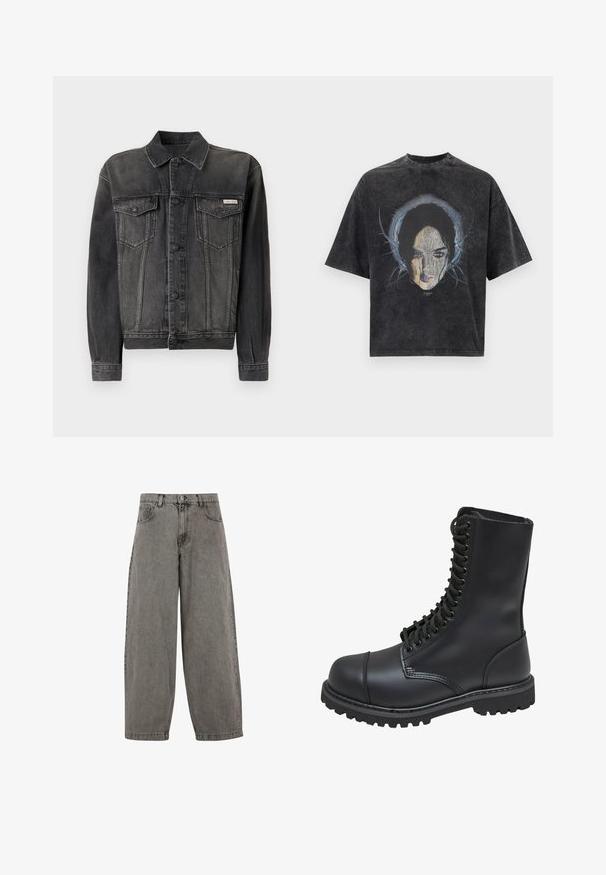 Veste en denim noir avec un devant à boutons, des poches sur la poitrine et un col. Présente une texture délavée et des manches contrastées. Étiquette sur la poitrine.; T-shirt oversize gris foncé avec un graphisme représentant le visage d'une femme et des lignes bleues abstraites autour de sa tête.; Pantalon en denim gris avec taille haute, jambes larges, design classique à cinq poches et fermeture à bouton à l'avant. Fini légèrement texturé.; Botte de combat en cuir noir avec un haut tige, fermeture lacée à l'avant, col rembourré et semelle texturée robuste pour une meilleure adhérence. Dotée d'un capuchon de protection renforcé.