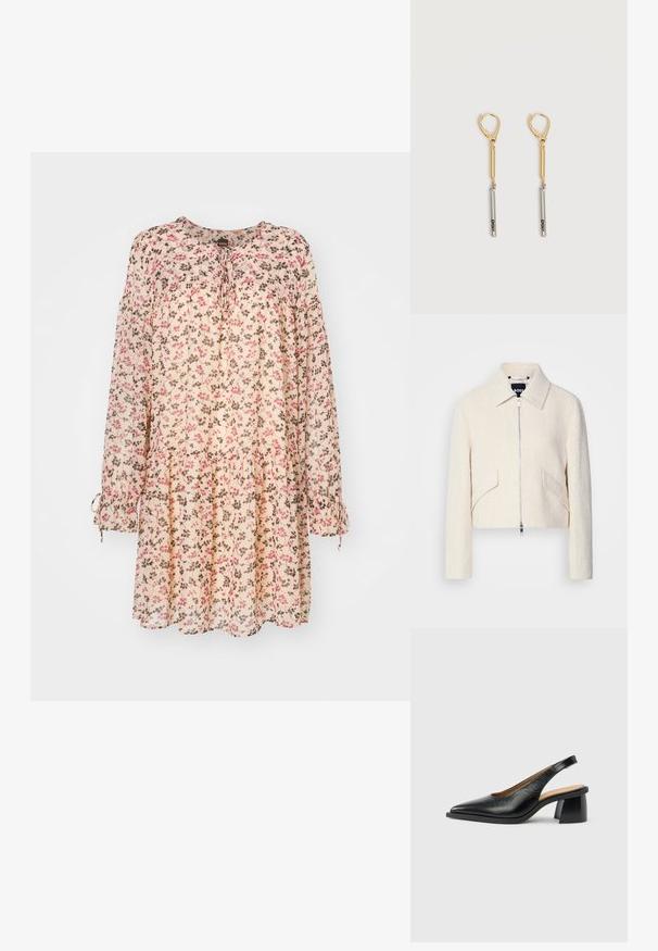 Lyhytnuttua off-white tekstuurilla varustetusta kankaasta, jossa on pystykaulus ja sivutaskut, edessä vetoketjukiinnitys ja minimaalista metallia.; Knee-length mekko, joka on valmistettu kevyestä materiaalista. Mekossa on vaaleanpunainen tausta, pinkkejä ja ruskeita kukkia sekä poimutetut hihat, joissa on nauhat.; Musta nahkainen slingback-kenkä, jossa on terävä kärki ja kulmikas, paksu korko. Pintalämpö näyttää sileältä ja kiillotetulta.; Kultaiset ja hopeiset nappikorvakorut vipuluukulla, joissa kultainen tanko on yhdistetty hopeiseen tankoon, johon on kaiverrettu "DKNY" valkoisella taustalla.