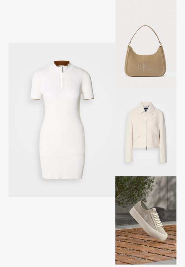 Zúžená bunda v off-white štruktúrovanej látke, s stojatým golierom a bočnými vreckami, s predným zipsom a minimálnym kovovým vybavením.; Biela rebrovaná šaty s krátkymi rukávmi, vysokým golierom a predným zipsom. Akcentované hnedým rebrovaným obvodom krku.; Béžová nízka teniska Calvin Klein s bielou podrážkou a šnúrkami, zavesená nad dreveným blokom a štrkovým vonkajším povrchom.; Kabelka Calvin Klein z taupe kože s hladkou textúrou, zakriveným tvarom, vyrazeným logom "CK" a jednoduchým ramenným popruhom. Vrch na zips.