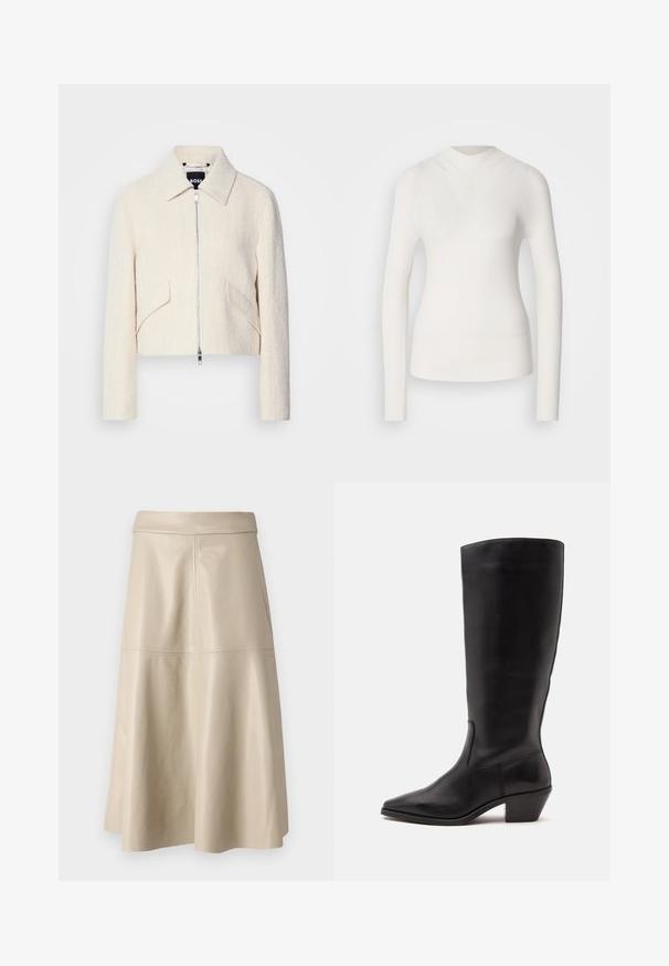 Veste courte en tissu texturé blanc cassé, avec col montant et poches latérales, fermeture éclair à l'avant et quincaillerie minimaliste.; Haut à manches longues blanc avec un col haut, texture côtelée et design ajusté. Présente un aspect sans couture et une subtile forme en V à l'avant.; Jupe en cuir beige taille haute, coupe trapèze, avec des coutures visibles au milieu et près de la ceinture.; Botte en cuir noire mi-mollet avec un bout pointu et un talon bas incliné sur un fond clair uni.