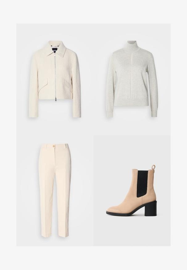 Afskåret jakke i off-white struktureret stof, med en stiv krave og sidelommer, samt en lynlåslukning foran og minimal hardware.; Lys grå sweater med høj krave og kvart lynlås. Lavet af et blødt, struktureret materiale, der har lange ærmer og en tætsiddende kant.; Cremefarvede, højtaljede bukser lavet af tekstureret stof. Har en lukning med knap foran og tætsiddende ben.; Beige ruskinds ankelstøvle med blokhæl, der har en sort elastisk indsats og en løfteløkke bagpå. Glat tekstur og rund tådesign.