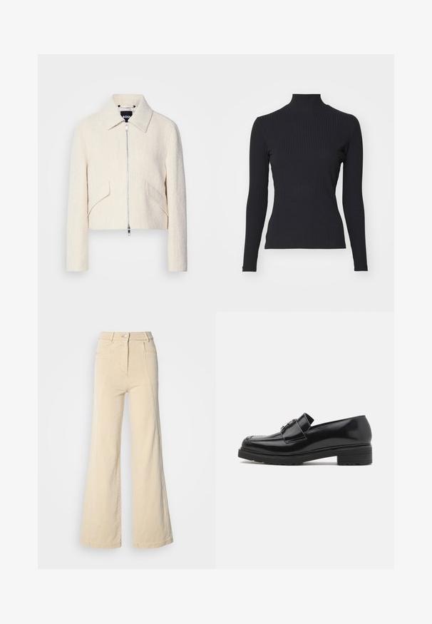 Afskåret jakke i off-white struktureret stof, med en stiv krave og sidelommer, samt en lynlåslukning foran og minimal hardware.; Sort ribbet turtle-sweater med lange ærmer. Lavet af strækbart stof med en tætsiddende pasform og høj krave. Enkel design uden udsmykninger.; Beige vidde jeans med høj talje, forlommer og kontrasterende syninger, udstyret med en knaplukning og en glat bomuldsstruktur.; Sorte lakerede loafers med lav blokhæl, syet tå og metalspænde detaljer på oversiden, vist i sideprofil på hvid baggrund.