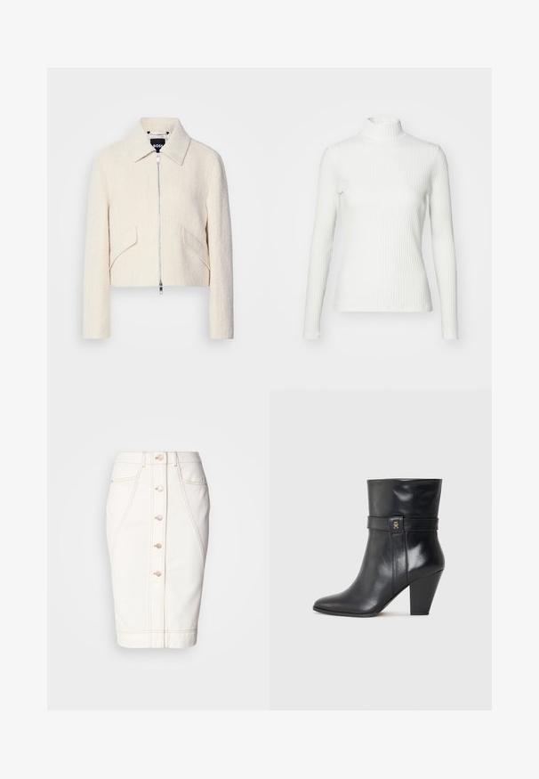 Veste courte en tissu texturé blanc cassé, avec col montant et poches latérales, fermeture éclair à l'avant et quincaillerie minimaliste.; Haut col roulé blanc à côtes avec des manches longues, fabriqué en tissu extensible. Présente un design ajusté et un encolure haute pour plus de couverture.; Jupe en denim blanc avec un bouton à l'avant, couture visible et une silhouette crayon. Pas de poches visibles. Texture lisse.; Tommy Hilfiger Bottines à talons hauts - black