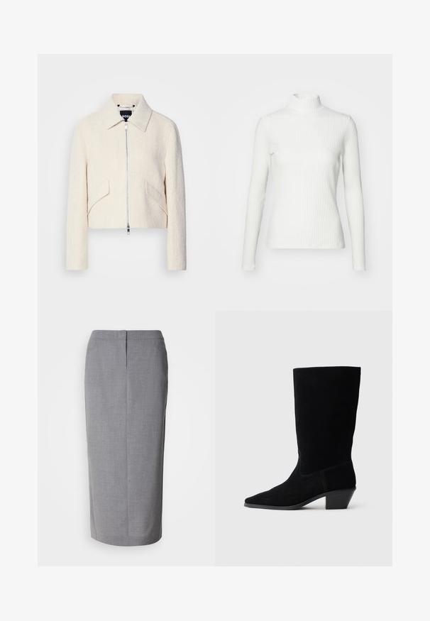 Afskåret jakke i off-white struktureret stof, med en stiv krave og sidelommer, samt en lynlåslukning foran og minimal hardware.; Hvid ribbet turtleneck blouse med lange ærmer, lavet af elastisk stof. Har et tætsiddende design og høj hals for god dækning.; Grå blyantskirt lavet af struktureret stof, med lige snit, bagslæb og skjult lynlås lukning bagpå.; Sort ruskind ankelstøvle med spidse tæer, mellemhøj skaft og en chunky hæl. Fuldender et minimalistisk design med lidt syninger og en glat tekstur.