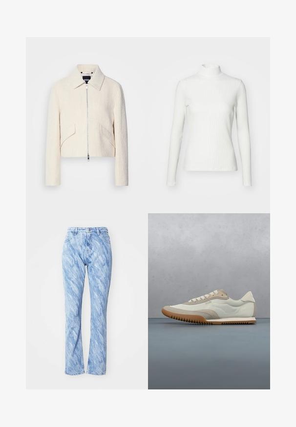 Zúžená bunda v off-white štruktúrovanej látke, s stojatým golierom a bočnými vreckami, s predným zipsom a minimálnym kovovým vybavením.; Biely rebrovaný rolák s dlhými rukávmi, vyrobený z elastického materiálu. Má priliehavý strih a vysoký golier pre lepšie zakrytie.; Svetlomodré džíny z denimu s vlnitým, mramorovým vzorom, s vysokým pásom, rovnými nohavicami, piatimi vreckami a zapínaním na gombík.; Biele a béžové tenisky s hladkým zvrškom a akcentmi z semišu, textúrovanou podrážkou a tónovým prešívaním. Šnurovanie s detailom loga.