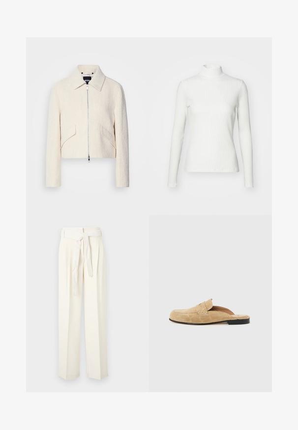 Gekürzte Jacke aus cremefarbenem, strukturiertem Stoff, mit Stehkragen und seitlichen Taschen, vorn mit Reißverschluss und minimalem Metallzubehör.; Weißes geripptes Turtleneck-Oberteil mit langen Ärmeln, aus elastischem Stoff. Verfügt über ein enganliegendes Design und einen hohen Kragen für zusätzlichen Schutz.; Cremfarbene weit geschnittene Hose mit einem Taillengürtel. Aus weichem Stoff gefertigt, mit Falten und einer glatten, gemusterten Textur.; Beiger Wildleder-Loafer ohne Ferse mit schwarzer Sohle und abgesteppten Details vor hellem, einfachem Hintergrund.