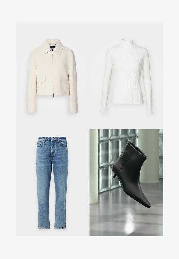 Afskåret jakke i off-white struktureret stof, med en stiv krave og sidelommer, samt en lynlåslukning foran og minimal hardware.; Hvid ribbet turtleneck blouse med lange ærmer, lavet af elastisk stof. Har et tætsiddende design og høj hals for god dækning.; Lyseblå denimjeans med høj talje, lige ben og slidt tekstur. Udstyret med sølvhardware og kontrasterende syninger.; Sort læderankelstøvle med spids tå og lav kitten-hæ, vist vinklet mod en poleret gulv- og glasblokvæg.