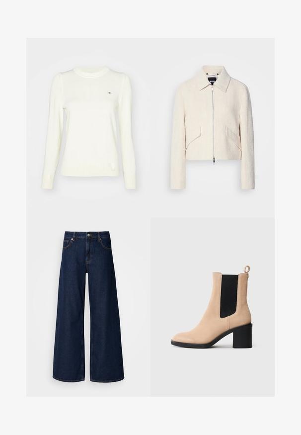 Afskåret jakke i off-white struktureret stof, med en stiv krave og sidelommer, samt en lynlåslukning foran og minimal hardware.; Lyscreme sweater, strikket tekstur, crew neck, lange ærmer, ribbede manchetter og søm. Diskret logodetalje på brystet.; Bredde ben mørkeblå denimbukser med høj talje, frontlommer og knaplukning. Har kontrastsyninger og en glat tekstur.; Beige ruskinds ankelstøvle med blokhæl, der har en sort elastisk indsats og en løfteløkke bagpå. Glat tekstur og rund tådesign.