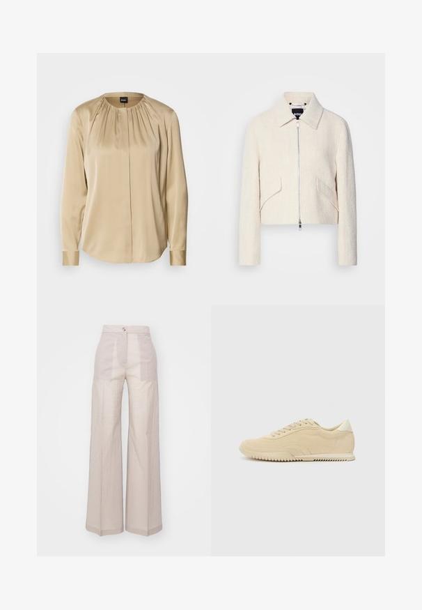 Afgekorte jas in ivoorkleurige textuurstof, voorzien van een staande kraag en zijzakken, met een ritssluiting aan de voorkant en minimale hardware.; Langsleeve shirt in beige satijn, met een ronde halslijn, plooien aan de voorkant en knoopmanchetten. Glad textuur met een relaxte pasvorm.; Beige wijde pantalon gemaakt van een lichte geweven stof, met een hoge taille, enkele knoopsluiting aan de voorkant en subtiele textuur.; Beige nubuck sneaker met vetersluiting, gestructureerde bovenkant, contrasterende rubberen zool en een lichte hak. Minimalistische stijl met subtiele branding.