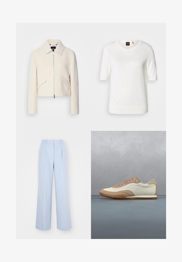 Afskåret jakke i off-white struktureret stof, med en stiv krave og sidelommer, samt en lynlåslukning foran og minimal hardware.; Hvid kortærmet strik-top med rund halsudskæring, ribkant og blød tekstur. Logomærke med orange detalje ved kraven.; Lysblå vidde bukser med høj talje, der har plisseringer foran, lavet af et glat, vævet stof. Ingen synlig hardware.; Sneaker i creme og beige med tekstureret overdel, snørebånd og gummisål, vist oven på en træoverflade med småsten.