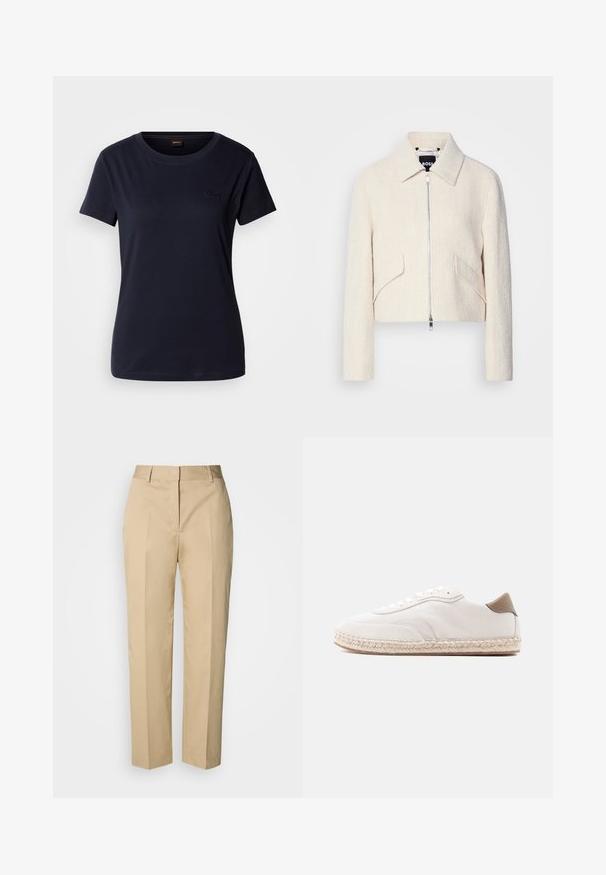 Afskåret jakke i off-white struktureret stof, med en stiv krave og sidelommer, samt en lynlåslukning foran og minimal hardware.; Mørkeblå kortærmet T-shirt lavet af bomuld, med rund hals og et lille broderet logo på brystet. Glat tekstur.; Beige bukser med lige ben, bæltestropper, forreste pres, og skjult lukning, vist mod en lys baggrund.; Hvid sneakers med øverste del i ruskind, beige accenter og en sål vævet af jute. Har flade snørebånd og et side logo med mærke.