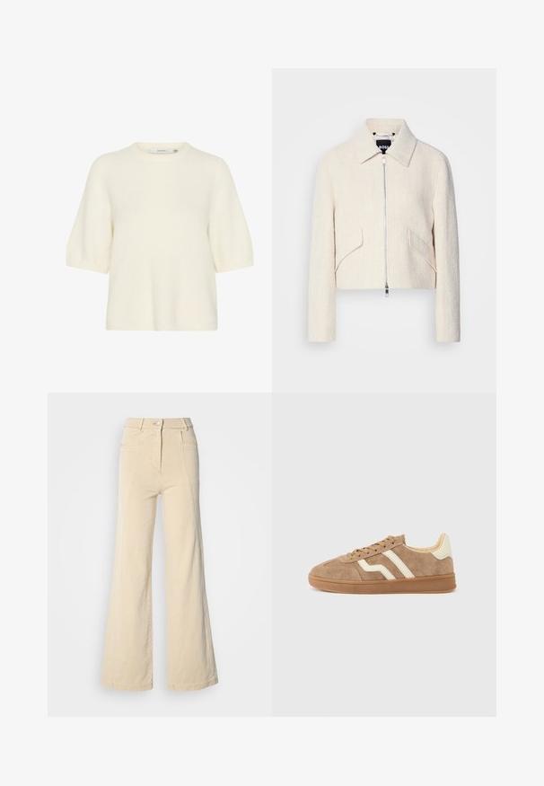 Afskåret jakke i off-white struktureret stof, med en stiv krave og sidelommer, samt en lynlåslukning foran og minimal hardware.; Kortærmet sweater med rund hals lavet af blødt, fluffy materiale i off-white. Har en afslappet pasform med ribbede cuffs og kant.; Beige vidde jeans med høj talje, forlommer og kontrasterende syninger, udstyret med en knaplukning og en glat bomuldsstruktur.; Brun ruskindsneaker med hvide accentstriber, rund tå, beige inderside og gummiydersål. Snørebånd med tekstureret overflade.