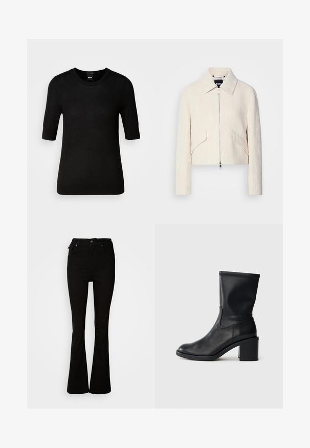 Veste courte en tissu texturé blanc cassé, avec col montant et poches latérales, fermeture éclair à l'avant et quincaillerie minimaliste.; Pull noir à manches courtes en laine mérino fine. Encolure ronde, coupe ajustée, texture lisse, design minimal, sans motifs ni accents visibles.; Jean noir évasé en denim, avec une taille haute, des poches avant, et un design classique à cinq poches avec des accents en métal.; Botte en cuir noir à cheville avec un bout rond, texture lisse et un talon épais, présentant un tige ajustée et un subtil détail de couture.