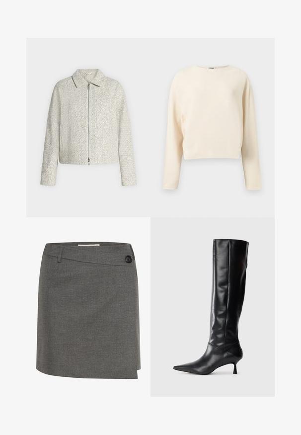 Lysegrå tekstureret lynlåstrøje med lange ærmer og flad krave, vist mod en ensfarvet hvid baggrund.; Kremfarvet cropped sweater med rund halsudskæring og lange ærmer, lavet af fint ribstrikket stof.; Grå nederdel lavet af et tekstureret stof, med en knap i siden og en lige silhuet med et let indviklet design.; Sorte læder knæhøje støvler med spids tå og slank buet hæl. Glat tekstur, tætsiddende design og ingen synlig hardware eller mønstre.