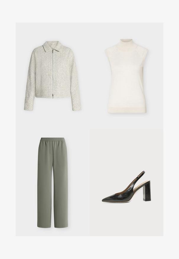 Veste zippée gris clair texturée avec manches longues et col plat, présentée sur un fond blanc uni.; Pull sans manches à col roulé crème avec col et ourlet côtelés, présenté sur un fond clair uni.; Pantalon ample vert olive avec taille élastique et tissu lisse, montré à plat sur fond blanc.; Chaussure slingback en cuir noir à bout pointu avec un talon bloc haut et une doublure intérieure beige sur un fond clair uni.