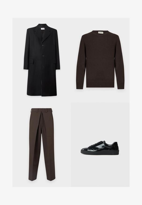 Sort lang frakke med tre knapper foran, notched revers krave og to klaplommer, vist på en hvid baggrund.; Brun strikket sweater med rund halsudskæring, ribstrikkede ærmekanter og kant forneden. Glat tekstur uden mønstre eller detaljer. Enkel design og klassisk form.; BLUEMARBLE WORK PANT - Bukser - brown; Sorte laklæder sneakers med rund tå, snørredesign, tekstureret gummisål og en glat overflade.
