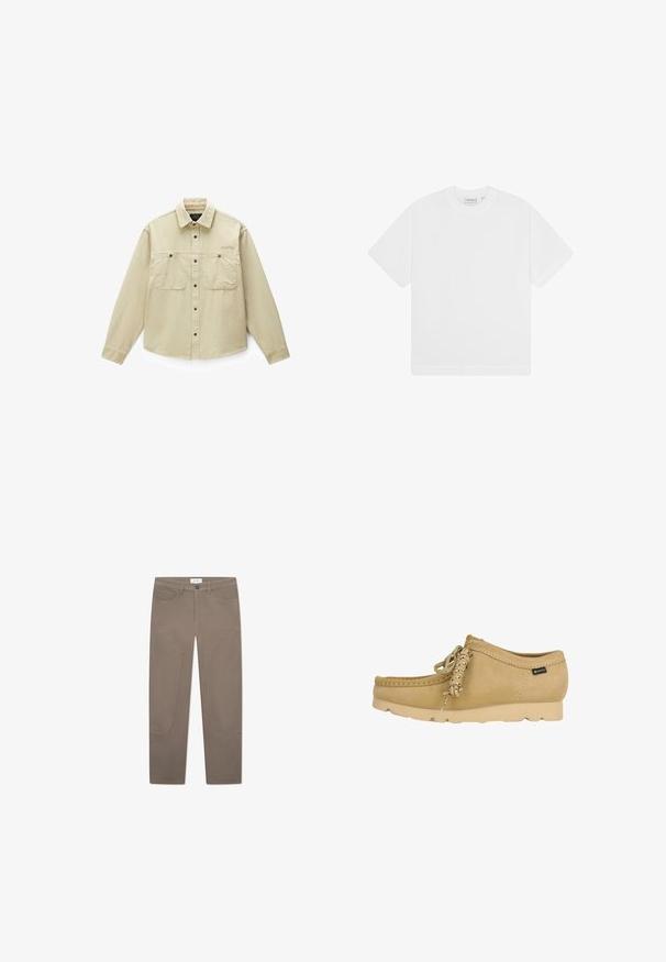 Beige fløjls-skjorte med knapper, to brystlommer og klassisk krave, lagt fladt på en hvid baggrund.; Hvid bomulds t-shirt med rund hals, korte ærmer og en afslappet pasform. Glat tekstur, minimalistisk design, ingen synlige mønstre eller detaljer.; Brune bukser med lige snit, der har forlommer og accentuerende syninger langs siderne for ekstra detaljer og tekstur.; Beige ruskindsmokassin med gummisål, snøredetalje og et lille Gore-Tex stoflabel på siden.