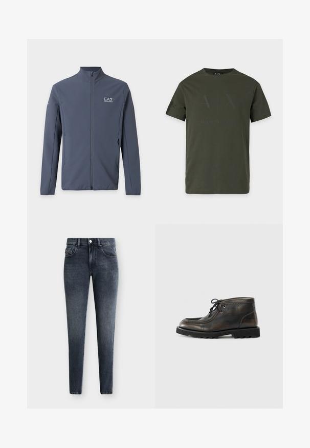 Veste zippée bleu foncé avec col montant et logo EA7 Emporio Armani sur la poitrine gauche et la manche gauche supérieure.; T-shirt vert foncé à manches courtes et col rond avec un logo noir subtil Armani Exchange sur le devant.; Jean slim fit gris foncé délavé avec poches avant et poche monnaie, passants de ceinture, fermeture à bouton et détails de coutures visibles sur un fond uni.; Bottines en cuir marron avec un bout rond, des lacets noirs et un panneau texturé. Semelle en caoutchouc noir robuste avec un motif de traction.