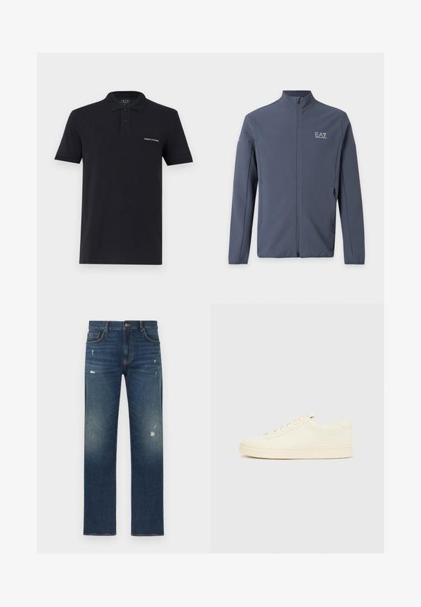Veste zippée bleu foncé avec col montant et logo EA7 Emporio Armani sur la poitrine gauche et la manche gauche supérieure.; Polo manches courtes noir avec deux boutons sur la patte de boutonnage et un écusson logo "Armani Exchange" sur la poitrine gauche.; Jean en denim bleu avec une coupe droite, présentant un léger effet usé et décoloré, cinq poches et une fermeture par bouton à la taille.; Baskets couleur crème avec une tige en cuir lisse, bout arrondi, laçage à l'avant et semelle en caoutchouc texturée. Design minimaliste, sans logo.