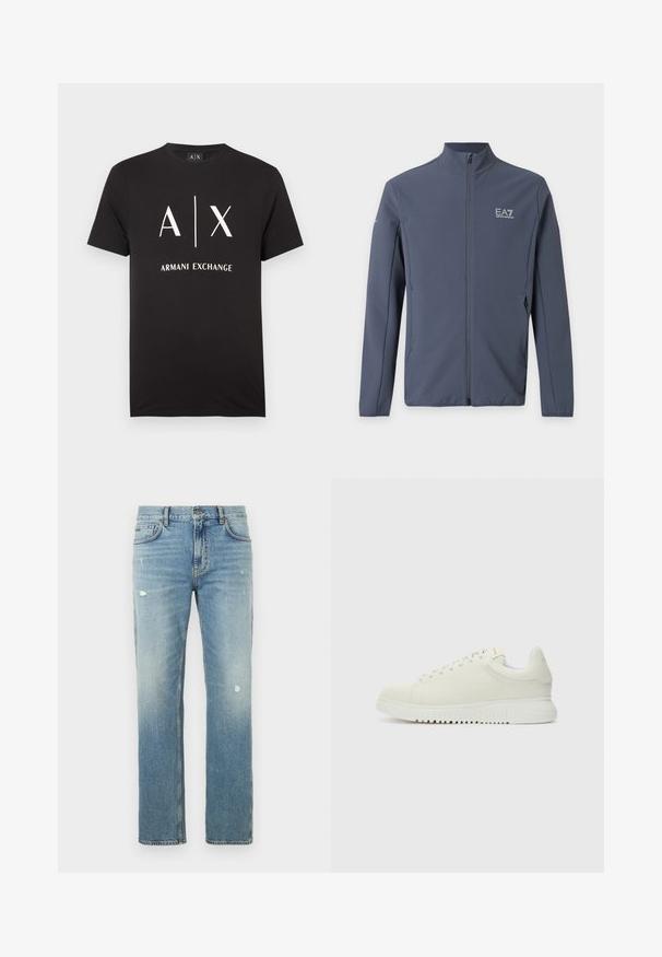 Veste zippée bleu foncé avec col montant et logo EA7 Emporio Armani sur la poitrine gauche et la manche gauche supérieure.; T-shirt en coton noir avec les initiales "A|X" et "ARMANI EXCHANGE" imprimées en blanc. Col rond avec manches courtes.; Jean en denim bleu clair avec une coupe droite, présentant des zones délavées et de petites déchirures. Design classique à cinq poches et passants pour ceinture.; Baskets blanches en cuir avec un dessus texturé, bout rond, semelle plate blanche et lacets ton sur ton. Marque discrète sur la languette.