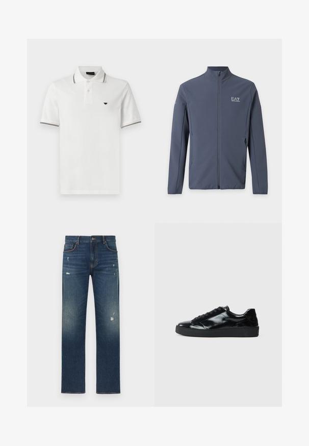 Veste zippée bleu foncé avec col montant et logo EA7 Emporio Armani sur la poitrine gauche et la manche gauche supérieure.; Polo blanc à manches courtes avec bordure rayée noire sur le col et les poignets, patte de boutonnage à deux boutons, et petit logo noir sur le côté gauche de la poitrine.; Jean en denim bleu avec une coupe droite, présentant un léger effet usé et décoloré, cinq poches et une fermeture par bouton à la taille.; Baskets en cuir verni noir avec un bout arrondi, un laçage, une semelle en caoutchouc texturé et une finition lisse.