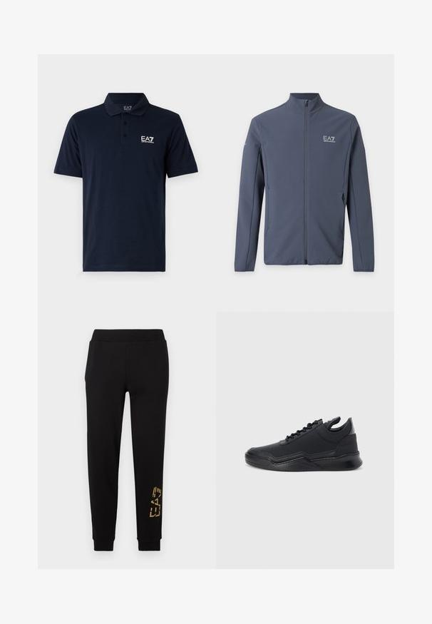 Mørkeblå zip-up jakke med høj krave og EA7 Emporio Armani-logo på venstre bryst og venstre øvre ærme.; Mørkeblå polo-shirt lavet af bomuld, med krave, korte ærmer og et hvidt EA7-logo på venstre bryst. Klassisk pasform.; Sorte joggingbukser med løs pasform, der har et gyldent grafisk design på den nederste del af benet og en elastisk talje for komfort.; Sorte sneakers med en tekstureret mesh-overdel, glatte læderdetaljer, buet gummisål og tonede snørebånd. Har en trækkedel ved hælen.