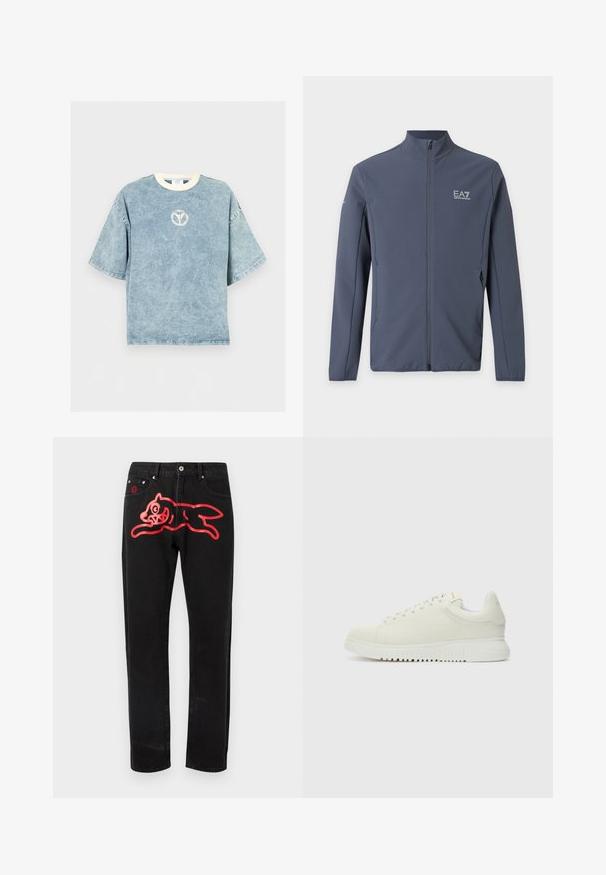 Veste zippée bleu foncé avec col montant et logo EA7 Emporio Armani sur la poitrine gauche et la manche gauche supérieure.; T-shirt oversize bleu délavé à manches courtes avec une encolure ronde blanche et un petit logo circulaire délavé sur la poitrine.; Jean en denim noir avec un grand motif rouge représentant un chat bondissant sur la cuisse gauche. Design classique à cinq poches avec quincaillerie métallique.; Baskets blanches en cuir avec un dessus texturé, bout rond, semelle plate blanche et lacets ton sur ton. Marque discrète sur la languette.
