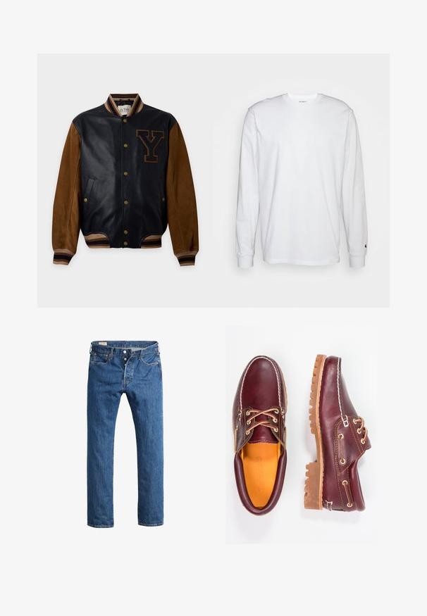 Veste varsity en cuir noir avec manches en suède marron, col et poignets côtelés rayés, boutons pression à l’avant et grande lettre Y sur la poitrine.; T-shirt blanc à manches longues en coton. Design à col rond avec des poignets côtelés et un petit logo sur la manche gauche. Texture lisse.; Jean en denim bleu avec une coupe droite, dotés d'une fermeture à bouton à l'avant, de passants de ceinture et d'un style classique à cinq poches.; Chaussures en cuir bourgogne avec semelles en caoutchouc marron, bout rond, couture blanche et œillets dorés. L'intérieur présente une doublure jaune.