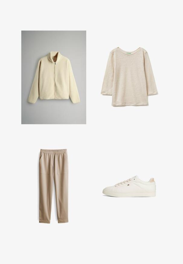 Crème-kleurige fleece jacket met een hoge kraag, een volledige ritssluiting aan de voorkant en een verlengde schouderlijn. Zachte textuur, relaxte pasvorm en geen zichtbare patronen.; Beige shirt met lange mouwen en ronde hals, losvallende pasvorm en zachte stof, plat gelegd op een witte achtergrond.; Beige elastische broeken met een tailleband, twee voorzakken, taps toelopende pijpen en een gladde textuur, geschikt voor casual kleding.; Witte sneakers met een glad leren bovenwerk, een gestructureerde rubberen zool, lichtroze accenten op de hiel en platte veters. Gummilogo-embleem aan de zijkant.