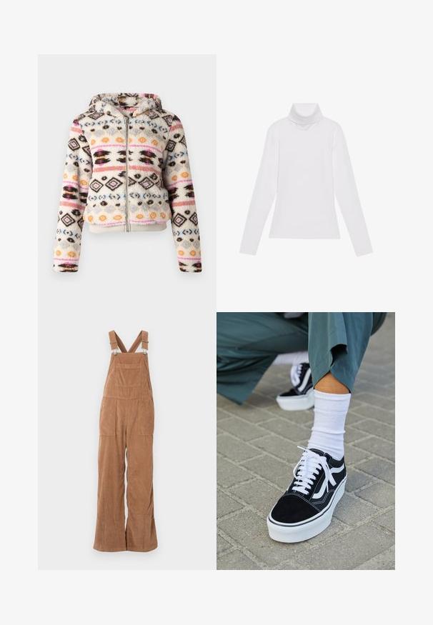 Fleece hættejakke med lynlås, der har et farverigt geometrisk mønster i creme, sort, pink, blå og orange. Inkluderer en foret hætte og ribbestrikkede manchetter.; Hvid langærmet turtle-neck top lavet af glat, strækbart stof. Har en høj krave og tætsiddende design, uden synlige mønstre eller udsmykninger.; Brune kordfløjs overalls med brede ben, justerbare stropper og forlomme. Blød tekstur med lodret ribbet mønster.; Sorte ruskinds sneakers med hvide accenter og snørebånd, der har en tyk hvid sål og kontrasterende syninger, parret med en hvid sok.