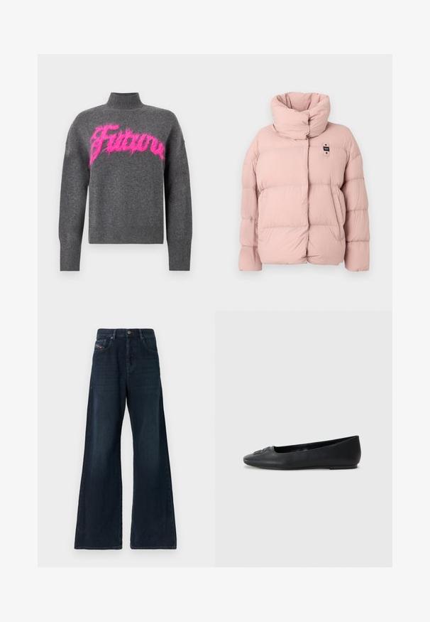 Veste rembourrée rose avec un col montant, présentant un design matelassé, de grandes sections rembourrées et une petite étiquette logo noire à l'avant.; Pull gris tricoté avec un col montant, arborant un motif de mot rose duveteux. Il possède des poignets et un ourlet côtelés pour une texture supplémentaire.; Jean large en denim foncé avec une taille mi-haute, des poches avant, des détails subtils de décoloration et un ourlet net. Doté d'une fermeture à bouton métallique.; Ballerine en cuir noir avec une texture lisse, bout arrondi et décoration subtile à l'avant. Talon plat et bas.