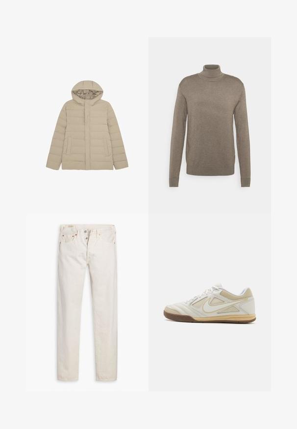 Beige gestepptes Puffer-Jacke mit Kapuze und Seitentaschen, Frontreißverschluss, der durch eine Klappe verdeckt ist, entworfen für kaltes Wetter.; Beige Rollkragenpullover aus weichem, gestricktem Material. Verfügt über lange Ärmel und gerippte Bündchen mit einer lockeren Passform. Keine sichtbaren Muster.; Helle, hoch geschnittene Slim-Fit-Jeans in Off-White mit Knopfverschluss, fünf Taschen und kupferfarbenen Nieten, flach auf einem weißen Hintergrund gelegt.; Weißer Sportschuh mit strukturiertem Obermaterial, grauen Akzenten, Schnürdesign und braunem Gummisohle. Verfügt über ein markantes Logo an der Seite.