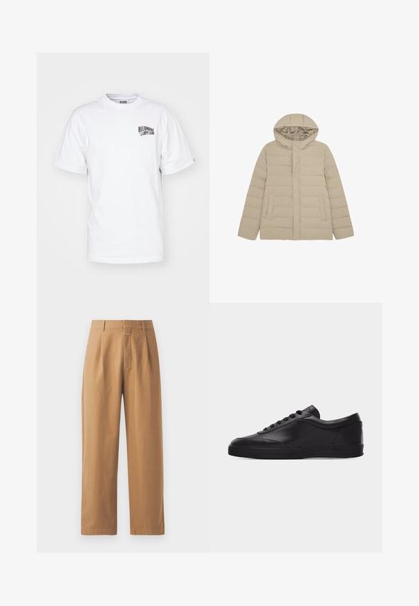 Beige quiltet pufferjakke med hætte og sidelommer, frontlynlås skjult af en klap, designet til koldt vejr.; Hvid bomuld t-shirt med rund hals, korte ærmer og et lille sort logo på venstre bryst. Klassisk pasform og glat tekstur.; Brune, brede bukser lavet af glat stof. Har høj talje med folder, bæltestropper og en enkelt frontlomme.; Sort lavtstående lædersneaker med snørebånd foran og flad gummisål, vist fra siden på en ensartet hvid baggrund.