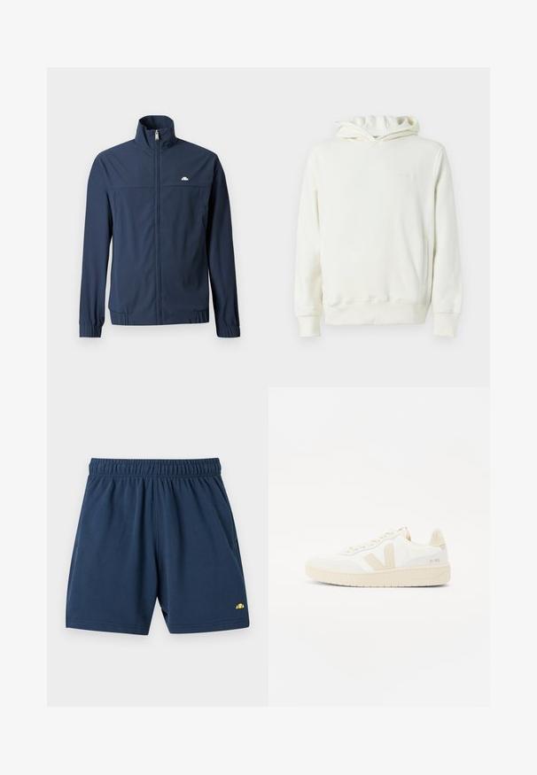 Veste légère bleu marine avec fermeture éclair intégrale à l'avant, col montant, poignets élastiques et petit logo blanc sur le côté gauche de la poitrine.; Sweat à capuche blanc avec manches longues, poche kangourou à l'avant et logo en relief discret sur la poitrine gauche.; Shorts décontractés bleu marine avec taille élastique et petit logo jaune sur le bas de la jambe gauche, présentés à plat sur fond blanc.; Sneaker blanche avec des accents beiges, présentant un dessus texturé, un bout rond et une semelle en caoutchouc épaisse. Le design inclut le logo V iconique et le branding.