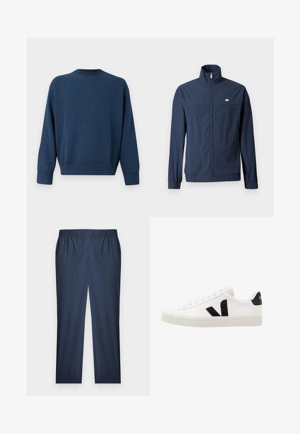 Veste légère bleu marine avec fermeture éclair intégrale à l'avant, col montant, poignets élastiques et petit logo blanc sur le côté gauche de la poitrine.; Sweatshirt à col rond à manches longues de couleur bleu marine, avec des poignets et un ourlet côtelés, arborant un logo de marque brodé discret sur le côté gauche de la poitrine.; Pantalon à taille élastique bleu marine, coupe droite, en tissu légèrement texturé avec un devant plat.; Sneaker blanche en cuir avec des accents en daim noir ; dispose d'une semelle en caoutchouc, d'un bout rond et d'un design classique à lacets. Logo latéral en noir.