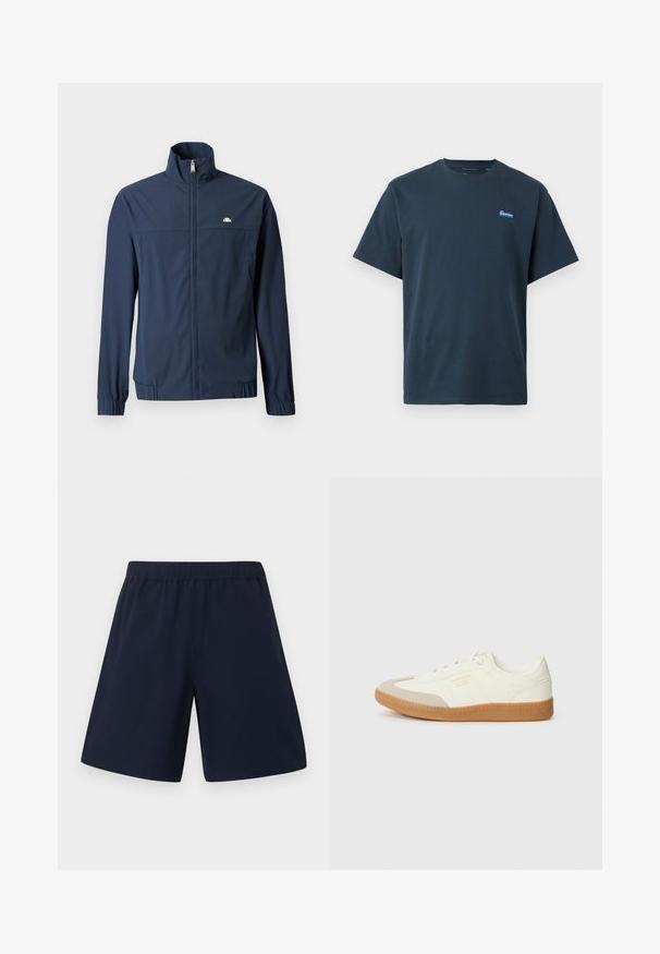 Veste légère bleu marine avec fermeture éclair intégrale à l'avant, col montant, poignets élastiques et petit logo blanc sur le côté gauche de la poitrine.; T-shirt bleu marine à manches courtes avec col rond et petit patch logo rectangulaire sur le côté gauche de la poitrine.; Shorts décontractés bleu marine avec une taille élastique et une coupe droite, présentés sur un fond blanc uni.; Baskets en cuir blanc avec une coque beige et une semelle en caoutchouc marron clair. Dotées de lacets blancs plats et d'un logo embossé sur le côté.