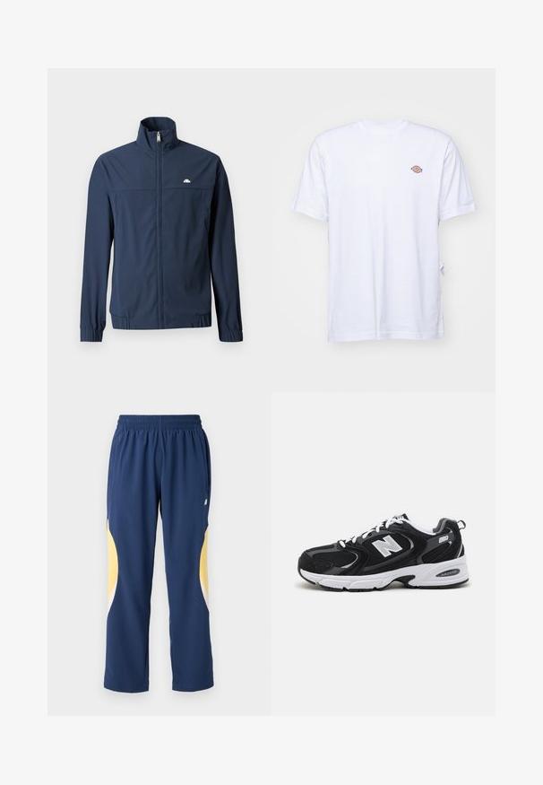 Chaqueta ligera azul marino con cremallera completa en el frente, cuello alto, puños elásticos y un pequeño logo blanco en el lado izquierdo del pecho.; Camiseta de algodón blanca con cuello en V y mangas cortas. Presenta un pequeño logo bordado de colores en el lado izquierdo del pecho. Textura suave.; Pantalones deportivos azul marino con una cinturilla elástica. Presentan acentos curvados en amarillo y blanco a los lados. Tejido suave y liso.; Zapatillas deportivas en negro y gris con parte superior de malla y ante, que cuentan con una entresuela blanca, cordones y un llamativo logo "N" en el lateral.
