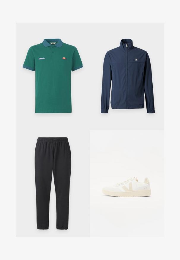 Chaqueta ligera azul marino con cremallera completa en el frente, cuello alto, puños elásticos y un pequeño logo blanco en el lado izquierdo del pecho.; Polo verde de algodón con cuello y puños en azul contrastante. Presenta un logo bordado y un pequeño diseño colorido en el pecho.; Pantalones deportivos negros fabricados en tejido suave, con cintura elástica, bolsillos laterales y piernas ajustadas con puños acanalados.; Zapatilla blanca con acentos beige, que presenta un upper texturizado, punta redonda y suela de goma gruesa. El diseño incluye el icónico logo V y marcas.