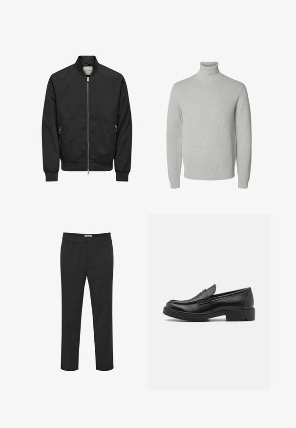 Blouson bomber noir avec fermeture éclair argentée sur toute la partie avant, deux poches latérales zippées, poignets, col et ceinture côtelés.; Pull à col roulé tricoté gris clair avec manches longues et poignets et ourlet côtelés.; Pantalon noir en tissu lisse, avec fermeture à bouton et passants de ceinture. Conception à jambe droite avec une texture subtile.; Mocassins en cuir noir avec un bout arrondi, un design à enfiler et une semelle en caoutchouc épaisse avec une texture antidérapante. Talon surélevé et détails de surpiqûre subtils.