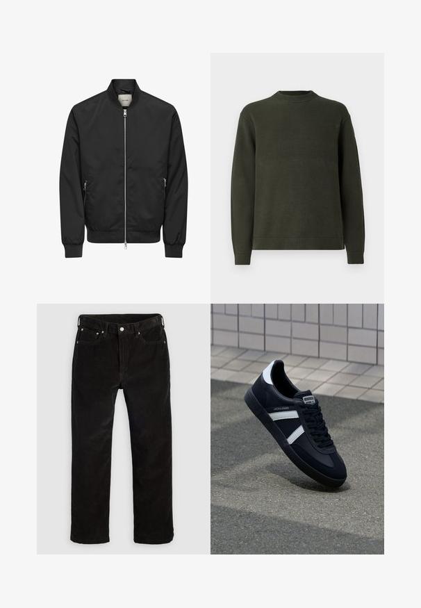 Blouson bomber noir avec fermeture éclair argentée sur toute la partie avant, deux poches latérales zippées, poignets, col et ceinture côtelés.; Pull en tricot à manches longues de couleur vert foncé avec un col rond côtelé, des poignets et un ourlet, présenté sur un fond blanc uni.; Pantalons droits en velours côtelé noir avec bouton avant, fermeture éclair, passants de ceinture et design à cinq poches sur un fond clair.; Sneaker en cuir noir avec des rayures blanches, semelle en caoutchouc texturée et devant à lacets. Présente une étiquette de marque sur la languette.