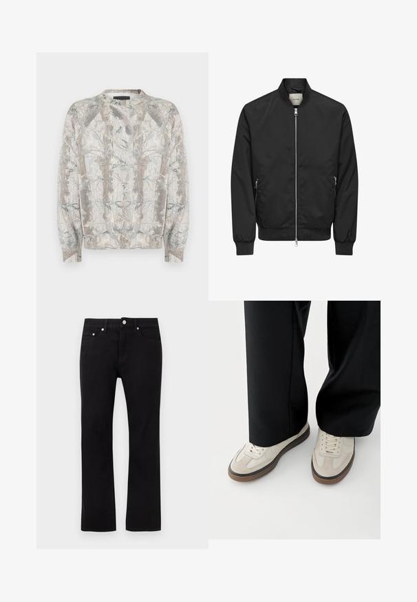 Blouson bomber noir avec fermeture éclair argentée sur toute la partie avant, deux poches latérales zippées, poignets, col et ceinture côtelés.; Pull à col rond, avec une base gris clair et un imprimé naturel représentant des arbres et des feuilles aux tons verts et bruns sobres.; Jeans noirs droits avec boutons avant, fermeture éclair, passants pour ceinture et style cinq poches sur un fond clair uni.; Pieds portant des baskets beige avec des semelles marron et un pantalon noir à jambes larges sur fond blanc.