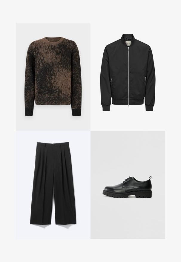 Blouson bomber noir avec fermeture éclair argentée sur toute la partie avant, deux poches latérales zippées, poignets, col et ceinture côtelés.; Pull à motifs marron et noir en matériau doux avec un col rond et des poignets côtelés. Texture duveteuse sur toute la surface, avec un design en dégradé.; Pantalon noir à jambes larges avec plis sur le devant, passants pour ceinture et fermeture à bouton, présenté sur un fond clair uni.; Chaussure en cuir noir à bout arrondi, présentant un design à lacets, une semelle en caoutchouc noire robuste et un petit onglet de talon à l'arrière.