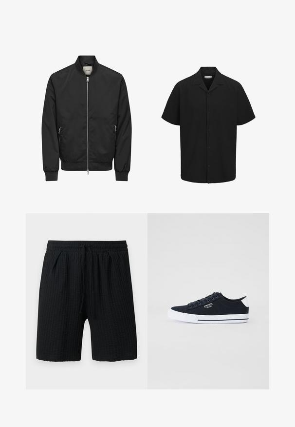 Blouson bomber noir avec fermeture éclair argentée sur toute la partie avant, deux poches latérales zippées, poignets, col et ceinture côtelés.; Chemise noire à manches courtes, boutonnée, avec col et ourlet droit, présentée sur fond blanc.; Short noir texturé avec taille élastique et cordon, muni de deux poches latérales et d'une coupe mi-cuisse.; Baskets en toile avec une tige bleu marine foncé, semelle en caoutchouc blanche et un petit logo. Présente un design classique à lacets et une forme structurée.