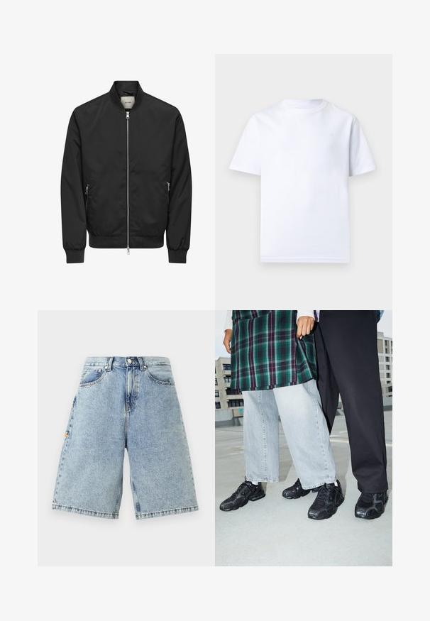 Schwarze Bomberjacke mit durchgehendem silberfarbenem Frontreißverschluss, zwei seitlichen Reißverschlusstaschen, gerippten Bündchen, Kragen und Bund.; Schlichtes weißes T-Shirt mit kurzen Ärmeln und rundem Ausschnitt, flach auf hellem Hintergrund präsentiert, ohne sichtbare Logos oder Muster.; Blaue Denim-Shorts mit hoher Taille, lockerem Sitz, fünf Taschen und sichtbaren Nähdetails. Glatte Textur mit einem hellen Waschfinish.; Schwarze Sportschuhe mit Mesh- und Gummielementen. Kombiniert mit hellgrauen weiten Jeans und einem karierten grünen Oberteil. Flacher Hintergrund.