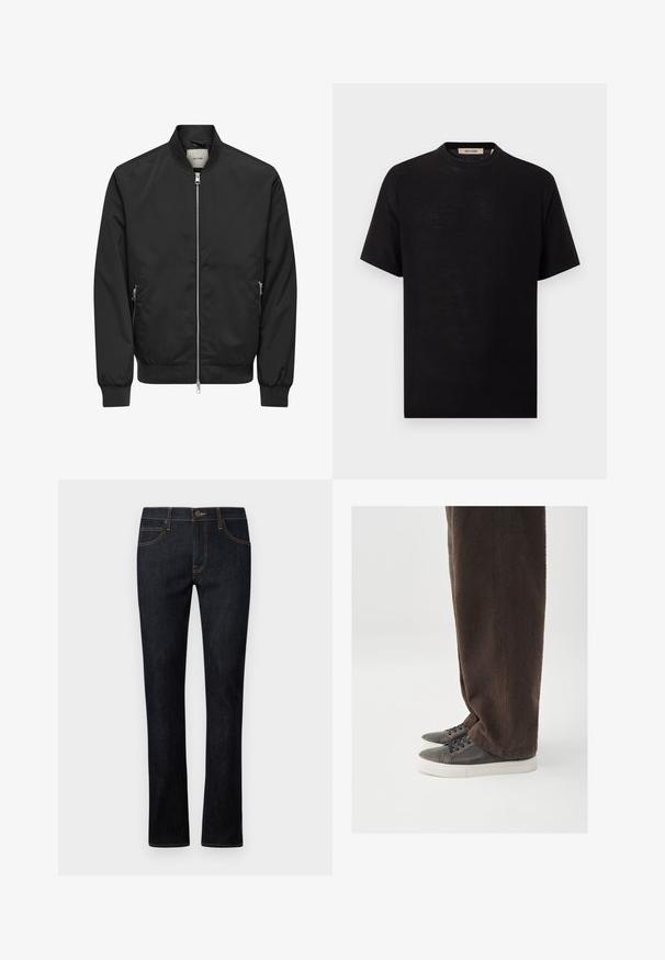 Schwarze Bomberjacke mit durchgehendem silberfarbenem Frontreißverschluss, zwei seitlichen Reißverschlusstaschen, gerippten Bündchen, Kragen und Bund.; Schwarzes T-Shirt mit kurzen Ärmeln und Rundhalsausschnitt, mit dem Label "Only & Sons" im inneren Kragen, auf weißem Hintergrund dargestellt.; Dunkelblaue Jeans aus Denim mit geradem Bein, orangefarbener Naht, fünf Taschen und einem frontalen Knopfverschluss.; Dunkelbraune, strukturierte Hose kombiniert mit grauen Sneakern, die ein glattes Lederobermaterial, eine abgerundete Spitze und eine weiße Gummisohle aufweisen.