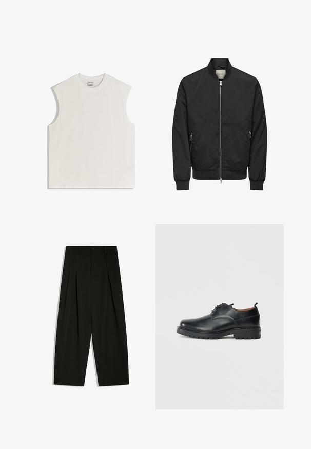 Black bomber jacket with full front silver zipper, two zippered side pockets, ribbed cuffs, collar, and waistband.; Sleeveless white cotton top with round neckline and slightly padded shoulders, laid flat against a white background.; Black wide-leg trousers with pleats, belt loops, and button closure at the waist.; Black leather derby shoes with a smooth texture, rounded toe, lace-up design, and a thick, rugged rubber sole.
