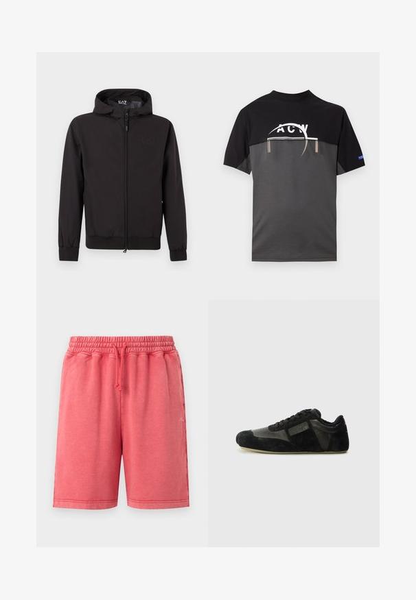 Veste légère noire avec capuche, dotée de poignets et d'un ourlet élastiques, d'une fermeture éclair intégrale et d'un détail de logo subtil sur la poitrine.; T-shirt noir et gris à manches courtes avec un logo graphique blanc sur la poitrine et une petite étiquette bleue sur la manche droite.; Shorts décontractés rose corail avec taille élastique et cordon ajustable, deux poches latérales et petit logo blanc sur la jambe droite.; Baskets noires en suède et cuir. Présentent un profile bas, un bout arrondi, un design à lacets et des accents texturés. Les semelles ont une texture antidérapante.