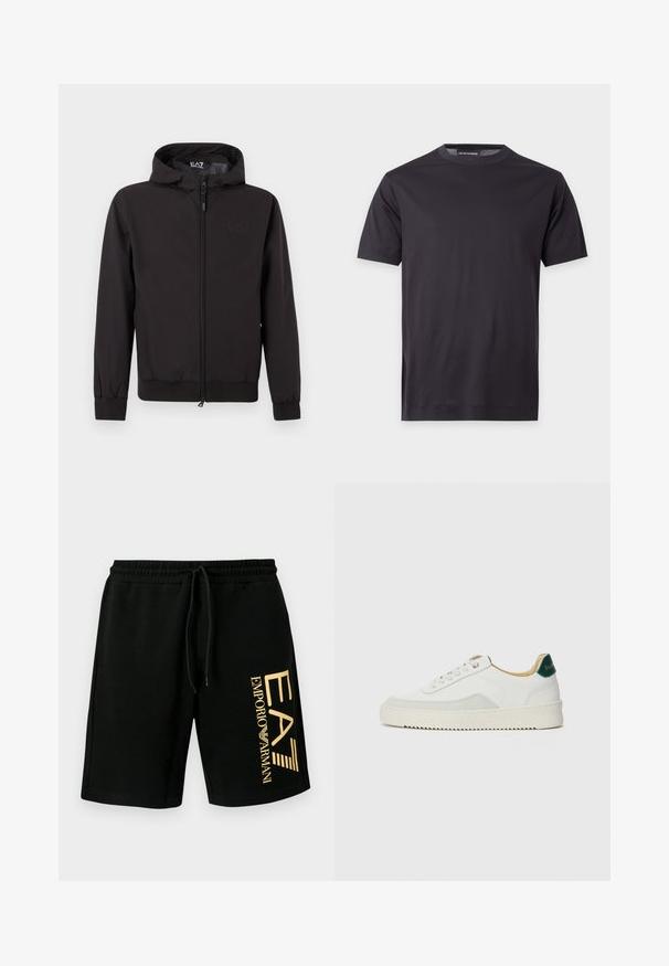 Veste légère noire avec capuche, dotée de poignets et d'un ourlet élastiques, d'une fermeture éclair intégrale et d'un détail de logo subtil sur la poitrine.; T-shirt noir uni à manches courtes avec col rond, avec un petit logo ton sur ton sur la poitrine gauche et une étiquette de marque au niveau du col.; Shorts en coton noirs avec une taille élastique et un cordon de serrage. Présentent un logo doré imprimé sur le côté gauche. Texture lisse.; Baskets blanches avec des accents en daim, bout arrondi, lacets plats et semelle en caoutchouc crème. Présente une marque verte sur le talon.