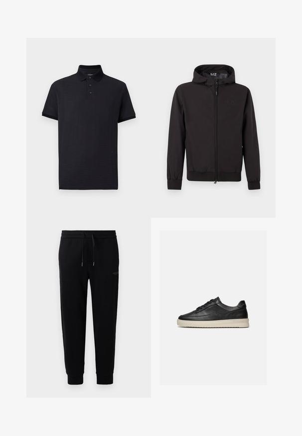 Veste légère noire avec capuche, dotée de poignets et d'un ourlet élastiques, d'une fermeture éclair intégrale et d'un détail de logo subtil sur la poitrine.; Polo noir avec un motif texturé, patte de boutonnage à trois boutons et un col classique. Manches courtes et un ourlet droit. Tissu doux.; Pantalons de sport noirs en mélange de coton, dotés d'une taille élastique avec cordon de serrage, de chevilles côtelées et d'une impression de logo discrète sur le côté.; Baskets basses en cuir noir avec des lacets noirs et une semelle en caoutchouc épaisse de couleur crème, présentées sur un fond blanc.